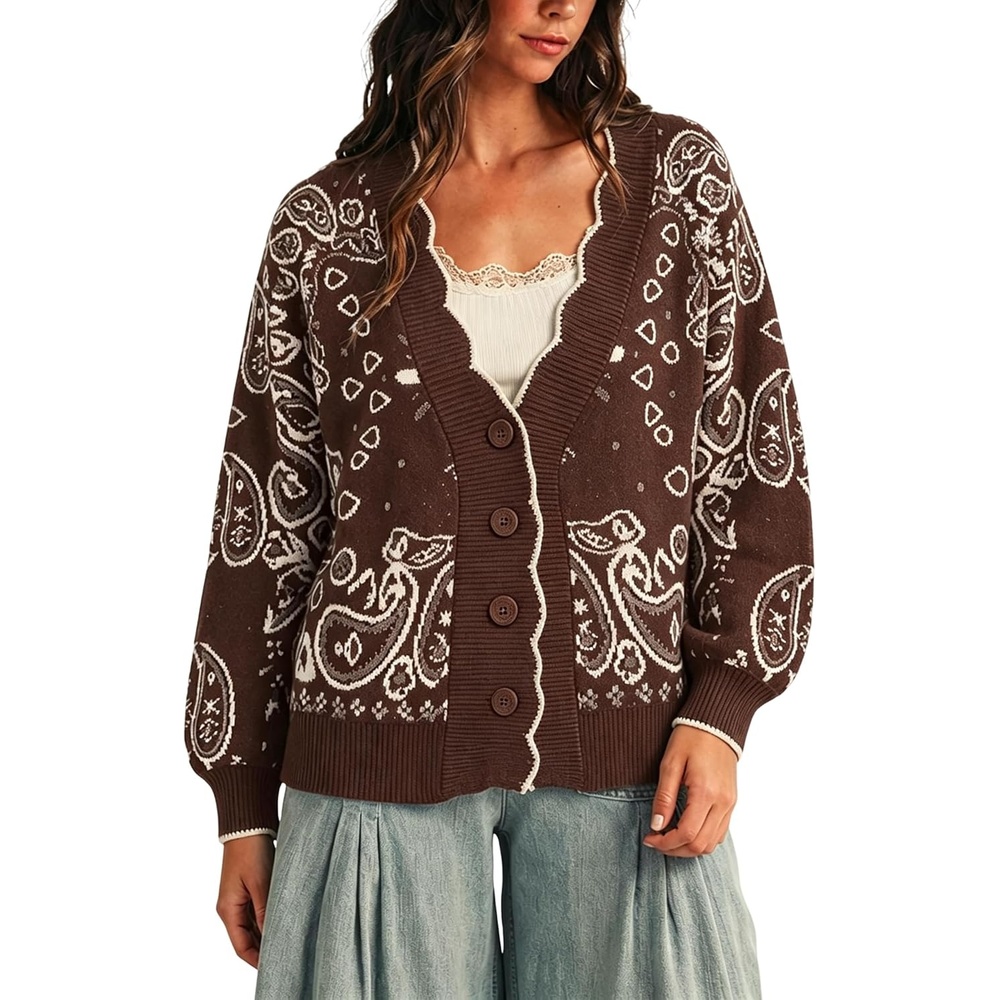 image:imageYeokou Womens Paisley Sweater Scalloped Trim Button Knit Cardigan JacketCoffee