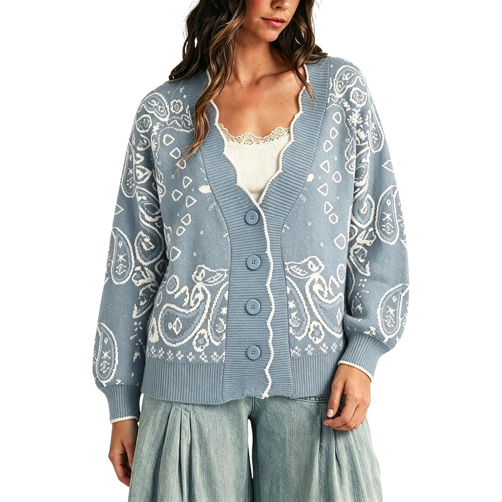 image:imageYeokou Womens Paisley Sweater Scalloped Trim Button Knit Cardigan JacketDustyblue