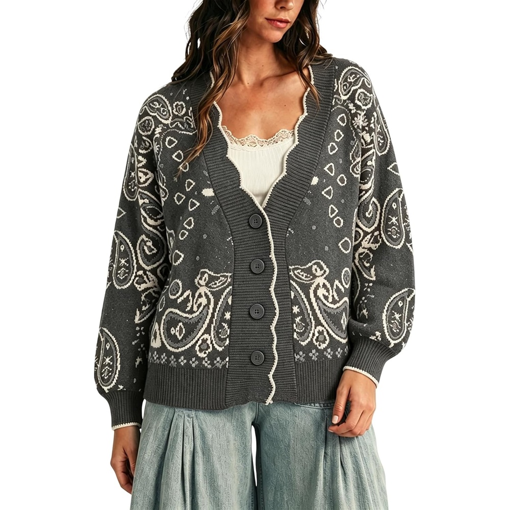 image:imageYeokou Womens Paisley Sweater Scalloped Trim Button Knit Cardigan JacketGrey