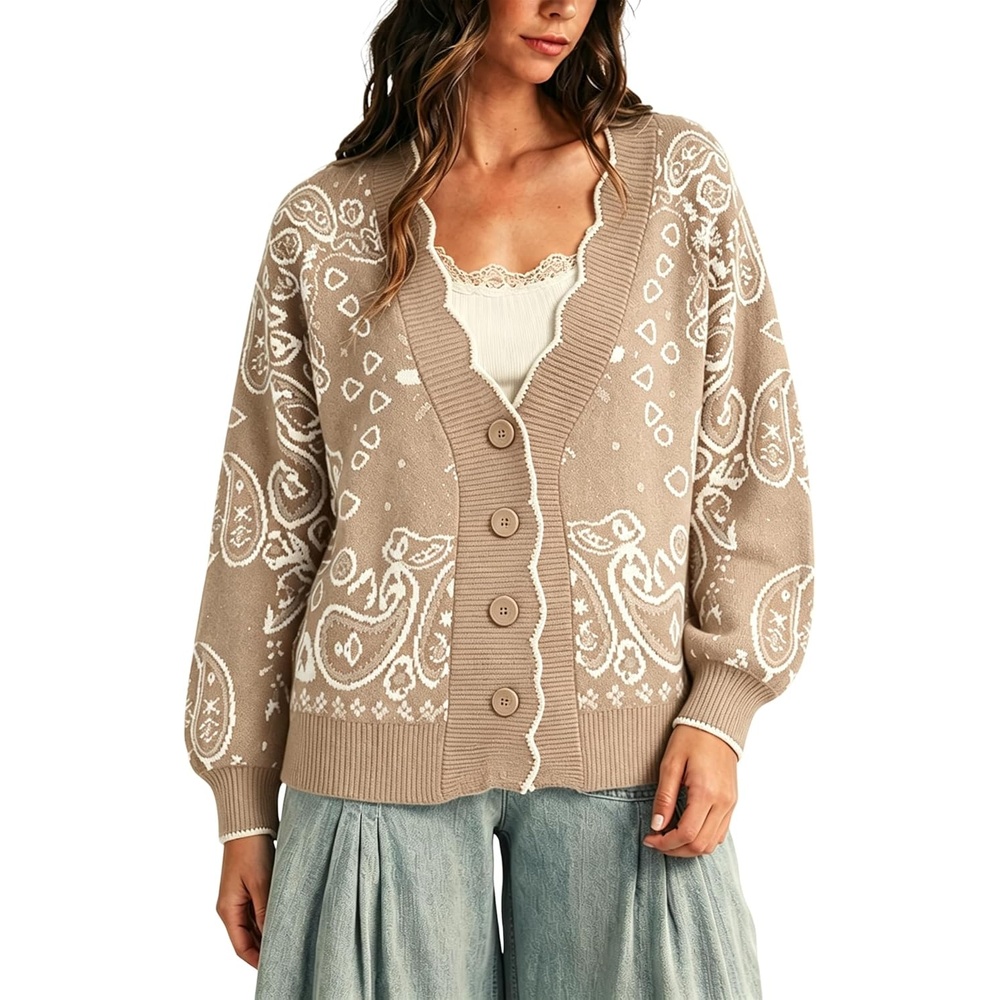 image:imageYeokou Womens Paisley Sweater Scalloped Trim Button Knit Cardigan JacketKhaki