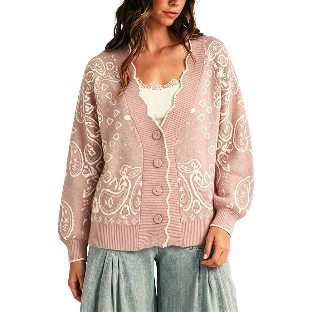 image:imageYeokou Womens Paisley Sweater Scalloped Trim Button Knit Cardigan JacketPink