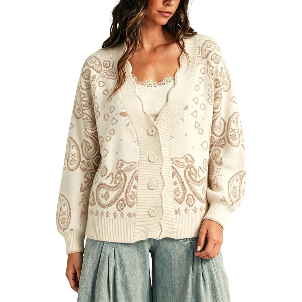 image:imageYeokou Womens Paisley Sweater Scalloped Trim Button Knit Cardigan JacketWhite