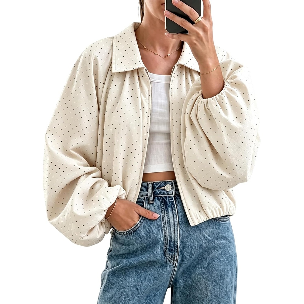 image:imageYeokou Womens Polka Dot Cropped Zip Up Jacket Bomber Coat Fall OuterwearBeige