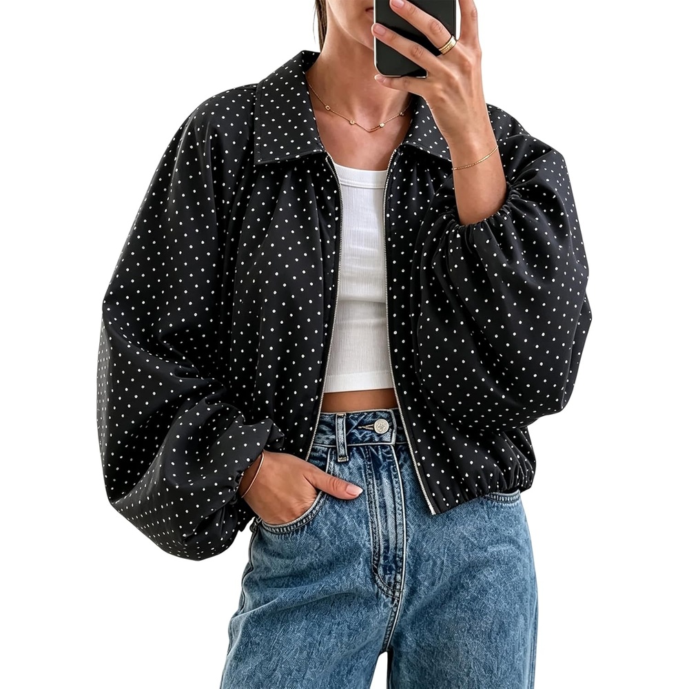 image:imageYeokou Womens Polka Dot Cropped Zip Up Jacket Bomber Coat Fall OuterwearBlack