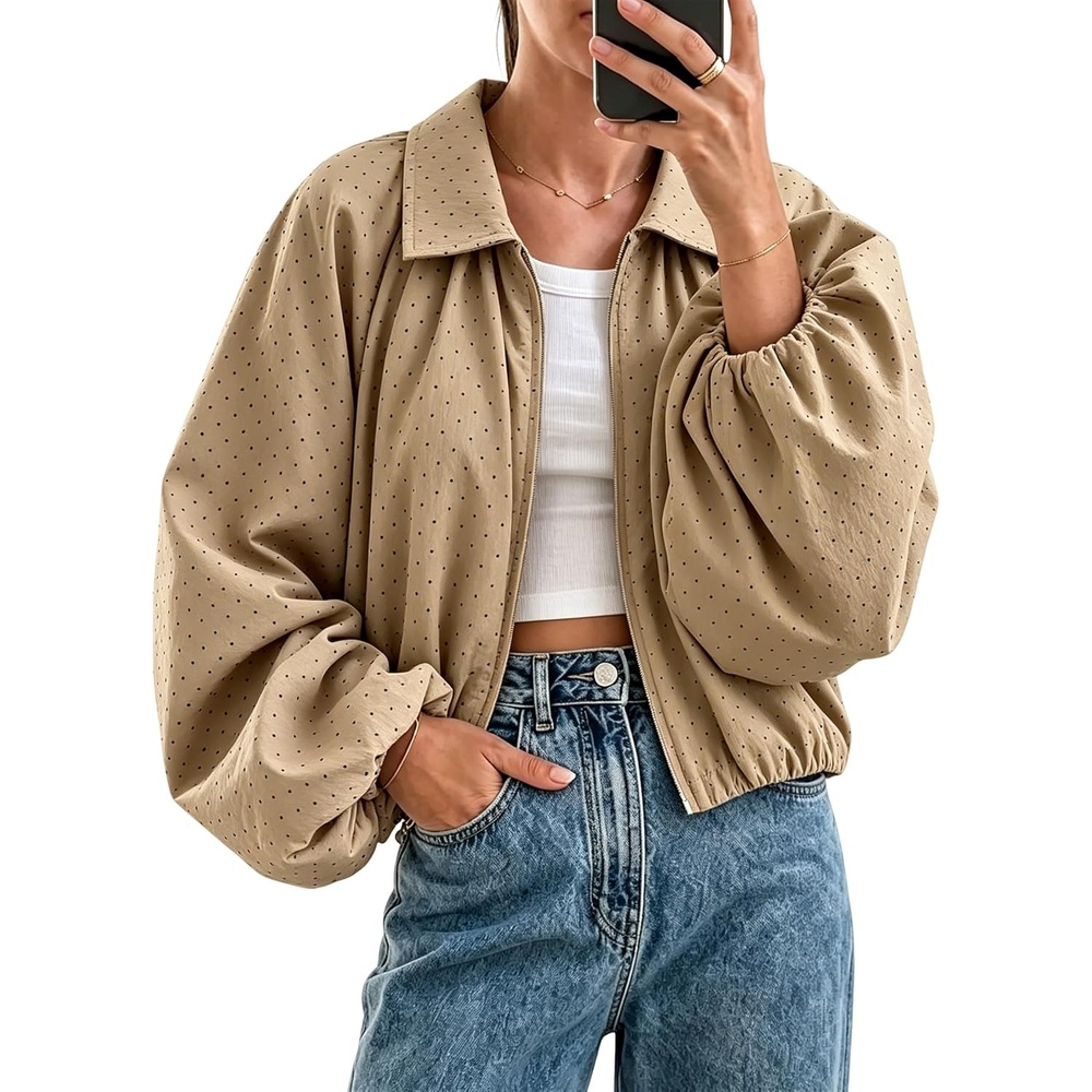 image:imageYeokou Womens Polka Dot Cropped Zip Up Jacket Bomber Coat Fall OuterwearKhaki