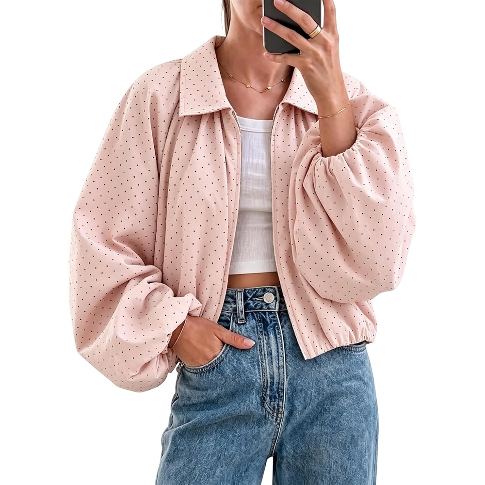 image:imageYeokou Womens Polka Dot Cropped Zip Up Jacket Bomber Coat Fall OuterwearPink