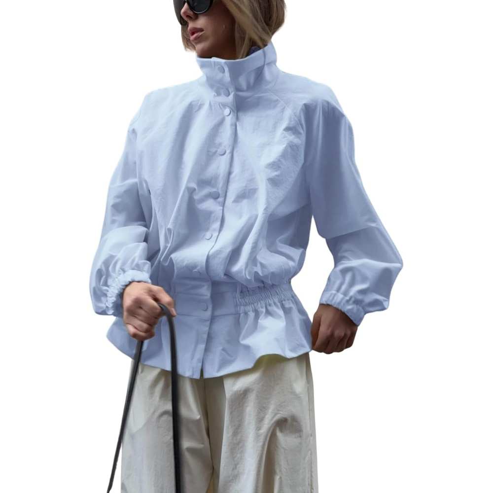 image:imageYeokou Womens Ruffle Hem Cropped Jacket Stand Collar Button Down CoatLightblue