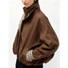 Yeokou Women’s Oversized Bomber Jacket Plaid Lined Zip Button Coat(Coffee)
