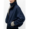 Yeokou Women’s Oversized Bomber Jacket Plaid Lined Zip Button Coat(Navy)