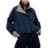 Yeokou Women’s Oversized Bomber Jacket Plaid Lined Zip Button Coat(Navy)