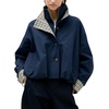 Yeokou Women’s Oversized Bomber Jacket Plaid Lined Zip Button Coat(Navy)
