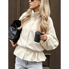 Yeokou Women’s Ruffle Hem Cropped Jacket Stand Collar Button Down Coat(Beige)