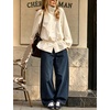 Yeokou Women’s Ruffle Hem Cropped Jacket Stand Collar Button Down Coat(Beige)