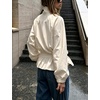 Yeokou Women’s Ruffle Hem Cropped Jacket Stand Collar Button Down Coat(Beige)