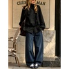 Yeokou Women’s Ruffle Hem Cropped Jacket Stand Collar Button Down Coat(Black)