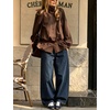 Yeokou Women’s Ruffle Hem Cropped Jacket Stand Collar Button Down Coat(Brown)