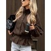Yeokou Women’s Ruffle Hem Cropped Jacket Stand Collar Button Down Coat(Brown)