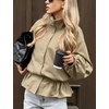 Yeokou Women’s Ruffle Hem Cropped Jacket Stand Collar Button Down Coat(Khaki)