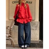 Yeokou Women’s Ruffle Hem Cropped Jacket Stand Collar Button Down Coat(Red)
