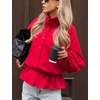 Yeokou Women’s Ruffle Hem Cropped Jacket Stand Collar Button Down Coat(Red)
