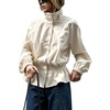 Yeokou Women’s Ruffle Hem Cropped Jacket Stand Collar Button Down Coat(Beige)