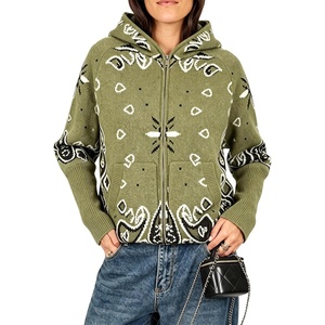 Yeokou Women Bandana Paisley Knit Hooded Jacket Trendy Full Zip Sweater(Armygreen)