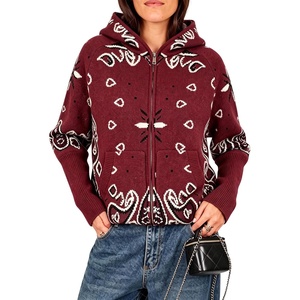 Yeokou Women Bandana Paisley Knit Hooded Jacket Trendy Full Zip Sweater(Burgundy)