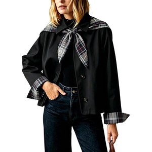Yeokou Women Oversize Trench Coat Plaid Lining Scarf Tie Jacket(Black)