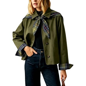 Yeokou Women Oversize Trench Coat Plaid Lining Scarf Tie Jacket(Green)