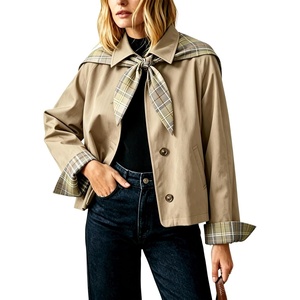 Yeokou Women Oversize Trench Coat Plaid Lining Scarf Tie Jacket(Khaki)