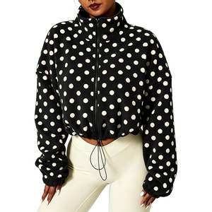Yeokou Women’s Full Zip Fleece Jacket Polka Dot Drawstring Coat(Black)