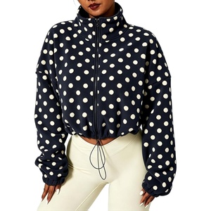 Yeokou Women’s Full Zip Fleece Jacket Polka Dot Drawstring Coat(Navy)