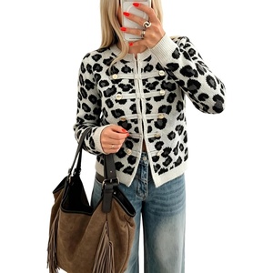 Yeokou Women’s Leopard Knit Cardigan Sweater Button Front Cropped Outwear(Black)