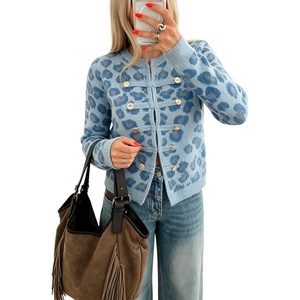 Yeokou Women’s Leopard Knit Cardigan Sweater Button Front Cropped Outwear(Blue)