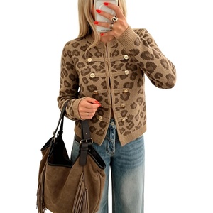 Yeokou Women’s Leopard Knit Cardigan Sweater Button Front Cropped Outwear(Khaki)