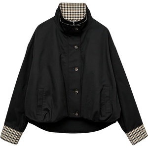 Yeokou Women’s Oversized Bomber Jacket Plaid Lined Zip Button Coat(Black)