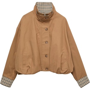Yeokou Women’s Oversized Bomber Jacket Plaid Lined Zip Button Coat(Camel)