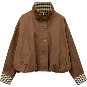 Yeokou Women’s Oversized Bomber Jacket Plaid Lined Zip Button Coat(Coffee)