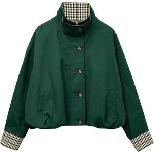 Yeokou Women’s Oversized Bomber Jacket Plaid Lined Zip Button Coat(Darkgreen)