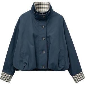 Yeokou Women’s Oversized Bomber Jacket Plaid Lined Zip Button Coat(Navy)