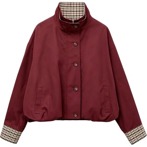 Yeokou Women’s Oversized Bomber Jacket Plaid Lined Zip Button Coat(Wine)