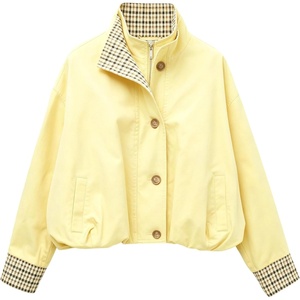 Yeokou Women’s Oversized Bomber Jacket Plaid Lined Zip Button Coat(Yellow)