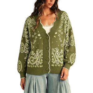 Yeokou Women’s Paisley Sweater Scalloped Trim Button Knit Cardigan Jacket(Armygreen)