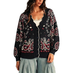 Yeokou Women’s Paisley Sweater Scalloped Trim Button Knit Cardigan Jacket(Black)
