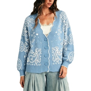Yeokou Women’s Paisley Sweater Scalloped Trim Button Knit Cardigan Jacket(Blue)