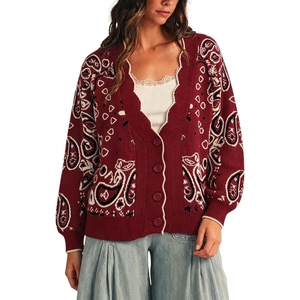Yeokou Women’s Paisley Sweater Scalloped Trim Button Knit Cardigan Jacket(Burgundy)