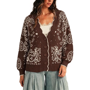 Yeokou Women’s Paisley Sweater Scalloped Trim Button Knit Cardigan Jacket(Coffee)