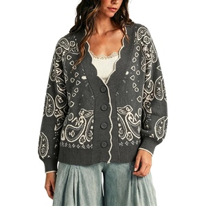 Yeokou Women’s Paisley Sweater Scalloped Trim Button Knit Cardigan Jacket(Grey)