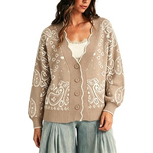 Yeokou Women’s Paisley Sweater Scalloped Trim Button Knit Cardigan Jacket(Khaki)