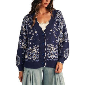 Yeokou Women’s Paisley Sweater Scalloped Trim Button Knit Cardigan Jacket(Navy)